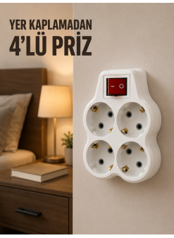 4’lü Priz Çoğaltıcı Açma Kapama Anahtarlı Kablosuz Duvar Tipi Priz Adaptörü