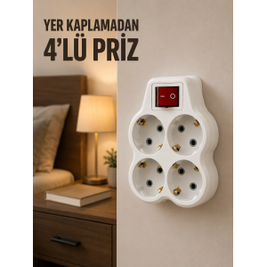 4’lü Priz Çoğaltıcı Açma Kapama Anahtarlı Kablosuz Duvar Tipi Priz Adaptörü