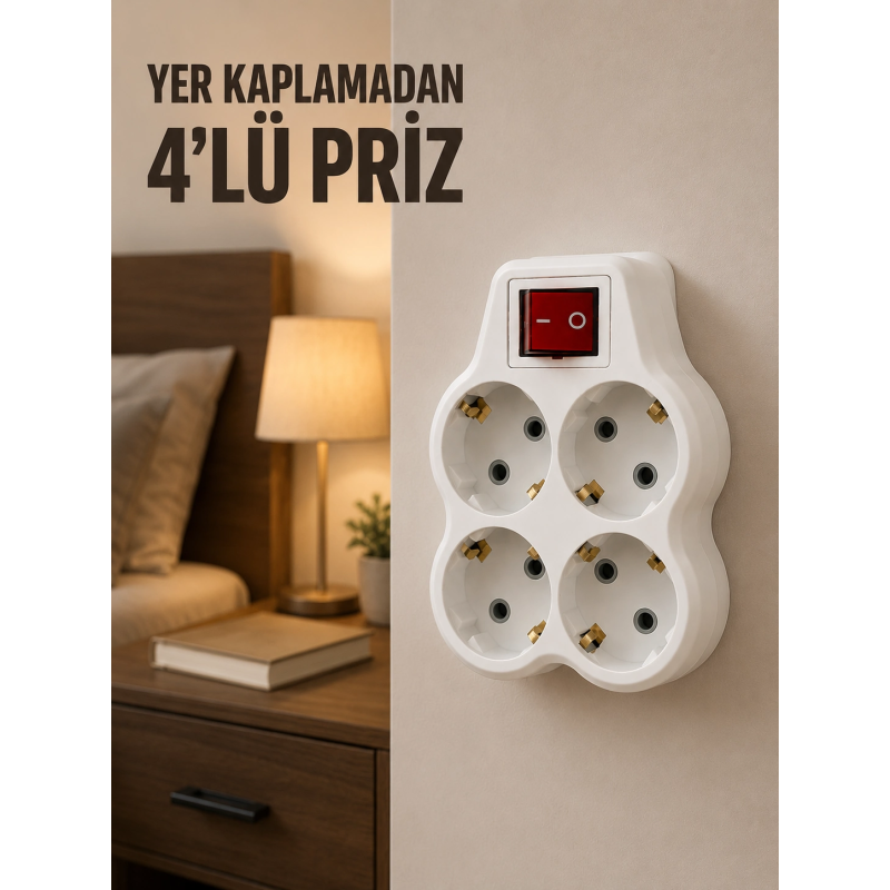 4’lü Priz Çoğaltıcı Açma Kapama Anahtarlı Kablosuz Duvar Tipi Priz Adaptörü 4’lü Priz Çoğaltıcı Açma Kapama Anahtarlı Kablosuz Duvar Tipi Priz Adaptörü