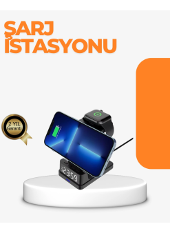 4’ü 1 Arada Kablosuz Şarj İstasyonu Led Saat Ekranlı, Akıllı Güvenlik Koruması