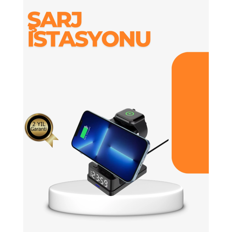 4’ü 1 Arada Kablosuz Şarj İstasyonu Led Saat Ekranlı, Akıllı Güvenlik Koruması 4’ü 1 Arada Kablosuz Şarj İstasyonu Led Saat Ekranlı, Akıllı Güvenlik Koruması