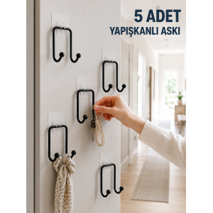 5 Adet Yapışkanlı Duvar Askısı Çok Amaçlı Pratik Askılık Seti