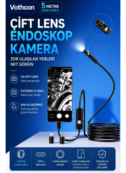 5 Metre Çift Kameralı İos/android Uyumlu Yılan Endoskop Kamera 8mm 2mp Led’li Sert Kablo