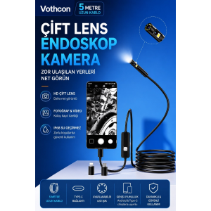 5 Metre Çift Kameralı İos/android Uyumlu Yılan Endoskop Kamera 8mm 2mp Led’li Sert Kablo