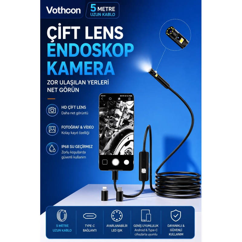 5 Metre Çift Kameralı İos/android Uyumlu Yılan Endoskop Kamera 8mm 2mp Led’li Sert Kablo 5 Metre Çift Kameralı İos/android Uyumlu Yılan Endoskop Kamera 8mm 2mp Led’li Sert Kablo