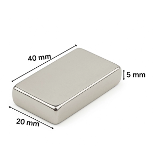 40×20×5 Mm N35 Neodyum Mıknatıs – Nikel Kaplama, Köşeli (10’lu Paket)