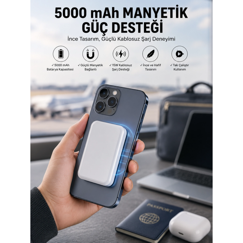 5000 Mah İos Uyumlu Magsafe Kablosuz Şarj Hızlı Şarj Desteği 5000 Mah İos Uyumlu Magsafe Kablosuz Şarj Hızlı Şarj Desteği