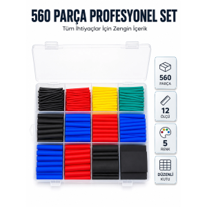 560 Parça Kablo İzolasyon Makaron Seti 12 Ölçü 5 Renk Heat Shrink Tube Organizer Kutulu