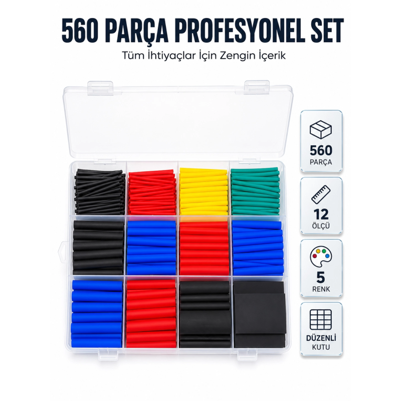 560 Parça Kablo İzolasyon Makaron Seti 12 Ölçü 5 Renk Heat Shrink Tube Organizer Kutulu 560 Parça Kablo İzolasyon Makaron Seti 12 Ölçü 5 Renk Heat Shrink Tube Organizer Kutulu