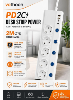 5’li Akım Korumalı Çoklu Priz 2 Metre Kablolu 3680w 16a 5 Anahtarlı 2usb-a 2 Usb-c Pd 20w Hızlı Ftr-28
