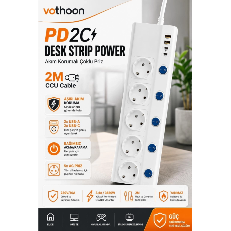 5’li Akım Korumalı Çoklu Priz 2 Metre Kablolu 3680w 16a 5 Anahtarlı 2usb-a 2 Usb-c Pd 20w Hızlı Ftr-28 5’li Akım Korumalı Çoklu Priz 2 Metre Kablolu 3680w 16a 5 Anahtarlı 2usb-a 2 Usb-c Pd 20w Hızlı Ftr-28