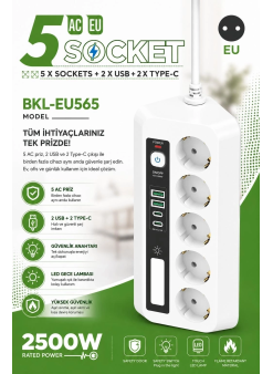 5’li Akım Korumalı Priz 2500w | 2 Usb + 2 Type-c Hızlı Şarj | Led Gece Lambalı | Dokunmatik Beyaz
