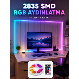 5m Rgb Şerit Led Seti 12v 2835 Smd Kumandalı Ev Oda Ve Dekoratif Ambiyans Aydınlatma