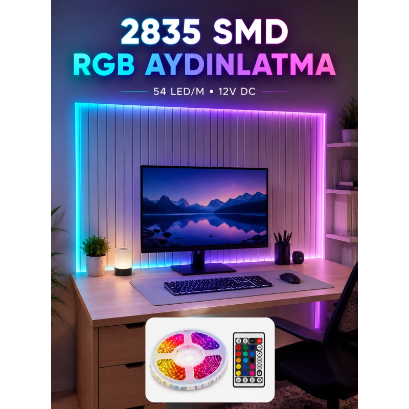 5m Rgb Şerit Led Seti 12v 2835 Smd Kumandalı Ev Oda Ve Dekoratif Ambiyans Aydınlatma 5m Rgb Şerit Led Seti 12v 2835 Smd Kumandalı Ev Oda Ve Dekoratif Ambiyans Aydınlatma
