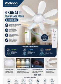 6 Kanatlı 3 Kademeli Led Aydınlatmalı Uzaktan Kumandalı Tavan Vantilatörü