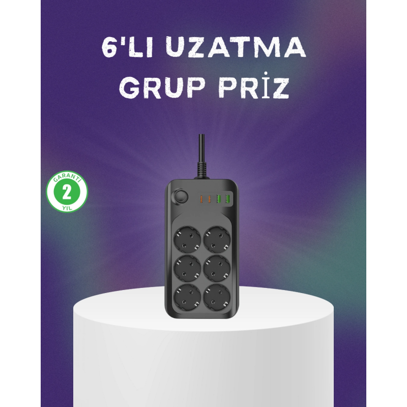 6 Prizli Çoklu Uzatma Kablosu Usb Type-c Hızlı Şarj Termal Koruma