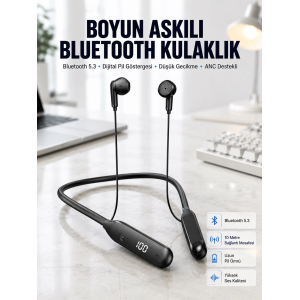 60 Saat Kablolu Boyun Askılı Dijital Göstergeli Bluetooth Kulaklığı Yeni Nesil