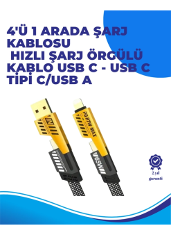 65w 4'ü 1 Arada Çoklu Şarj Kablosu – Usb-c, Usb-a, Lightning, Veri Ve Şarj Desteği