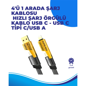 65w 4'ü 1 Arada Çoklu Şarj Kablosu – Usb-c, Usb-a, Lightning, Veri Ve Şarj Desteği