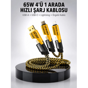 65w 4'ü 1 Arada Çoklu Şarj Kablosu – Usb-c, Usb-a, Lightning, Veri Ve Şarj Desteği Yeni Nesil