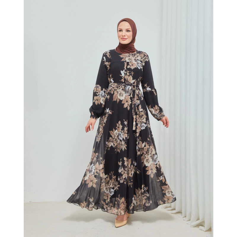 Yaprak Desenli Zarif Ve Şık Uzun Boy Büyük Beden Astarlı Şifon Elbise Yaprak Desenli Zarif Ve Şık Uzun Boy Büyük Beden Astarlı Şifon Elbise