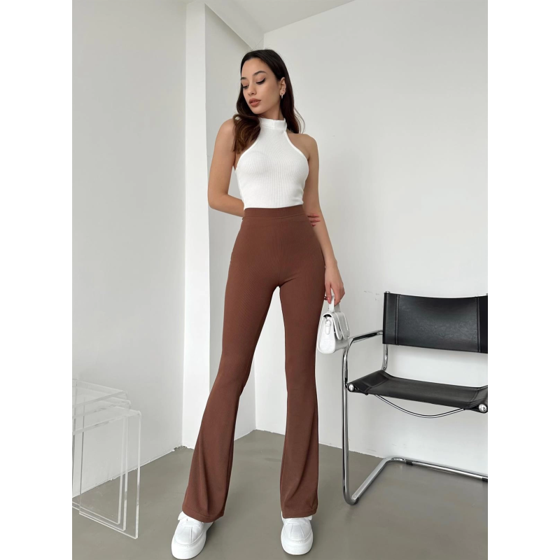 Şık Ve Rahat Yüksek Bel İspanyol Paça Fitilli Toparlayıcı Kahverengi Tayt Şık Ve Rahat Yüksek Bel İspanyol Paça Fitilli Toparlayıcı Kahverengi Tayt