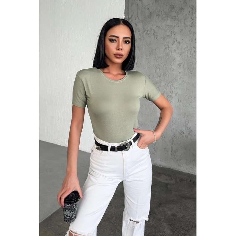 Rahat Ve Şık Kısa Kollu Bisiklet Yaka Likralı Viskon Penye Body Haki Rahat Ve Şık Kısa Kollu Bisiklet Yaka Likralı Viskon Penye Body Haki