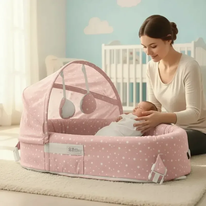 Taşınabilir Portatif Bebek Yatağı,sırt Çantasına Dönüşebilen Portatif Bebek Beşiği (pembe)
