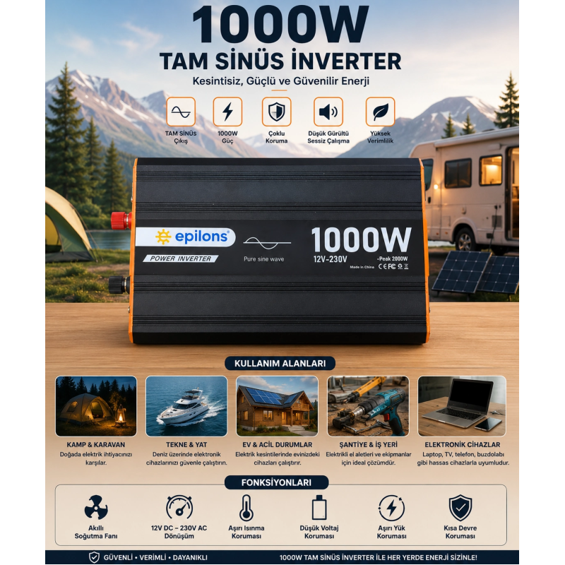 1000w Tam Sinüs İnverter 12v Ac Çevirici | Sessiz Fanlı, Usb Çıkışlı, Araç Karavan Tekne Solar Uyumlu Güç İnverteri 1000w Tam Sinüs İnverter 12v Ac Çevirici | Sessiz Fanlı, Usb Çıkışlı, Araç Karavan Tekne Solar Uyumlu Güç İnverteri