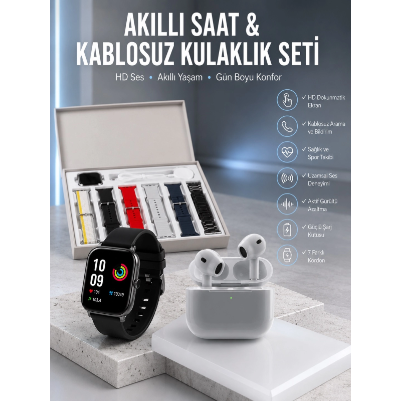 7 Kordonlu Akıllı Saat Ve 3.nesil Kulaklık Dokunmatik Ekran Sesli Görüşme Yapabilen 7 Kordonlu Akıllı Saat Ve 3.nesil Kulaklık Dokunmatik Ekran Sesli Görüşme Yapabilen