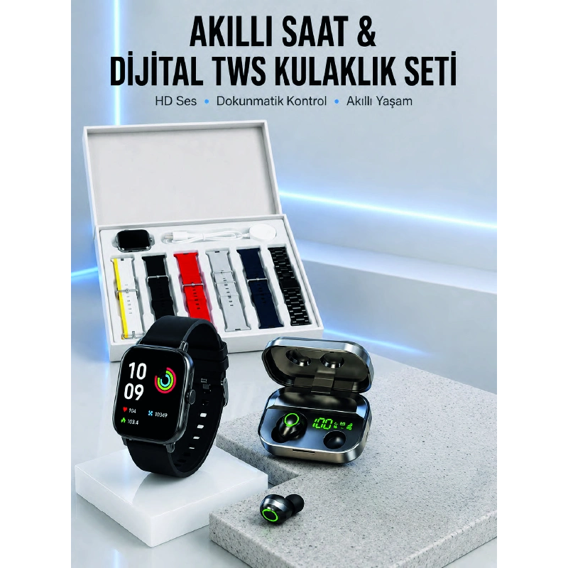 7 Kordonlu Akıllı Saat Ve Aynalı Bluetooth Kulaklık Powerbank Dijital Göstergeli 7 Kordonlu Akıllı Saat Ve Aynalı Bluetooth Kulaklık Powerbank Dijital Göstergeli
