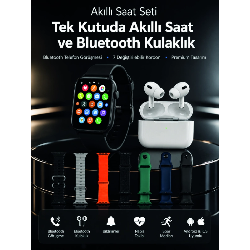 7 Kordonlu Akıllı Saat Ve Bluetooth Kulaklık Seti Nabız Takibi, Bildirimler Ve Spor Modları 7 Kordonlu Akıllı Saat Ve Bluetooth Kulaklık Seti Nabız Takibi, Bildirimler Ve Spor Modları
