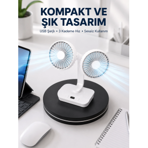 720° Döner Çift Taraflı Masaüstü Vantilatör – Usb Şarjlı Sessiz Fan