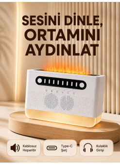 8 Çeşit Beyaz Gürültülü Kablosuz Hoparlör Ve Renkli Alev Efektli Gece Lambası