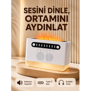 8 Çeşit Beyaz Gürültülü Kablosuz Hoparlör Ve Renkli Alev Efektli Gece Lambası