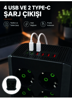 8'li Dikey Çoklu Priz 4 Usb 2 Type-c Akım Korumalı Anahtarlı Priz