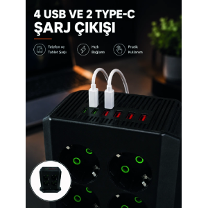 8'li Dikey Çoklu Priz 4 Usb 2 Type-c Akım Korumalı Anahtarlı Priz