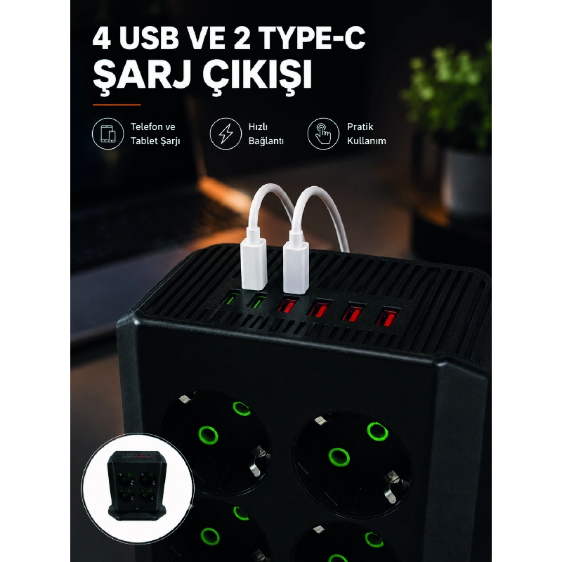 8'li Dikey Çoklu Priz 4 Usb 2 Type-c Akım Korumalı Anahtarlı Priz 8'li Dikey Çoklu Priz 4 Usb 2 Type-c Akım Korumalı Anahtarlı Priz