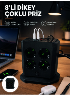 8'li Dikey Çoklu Priz 4 Usb 2 Type-c Girişli Akım Korumalı Uzatma Prizi
