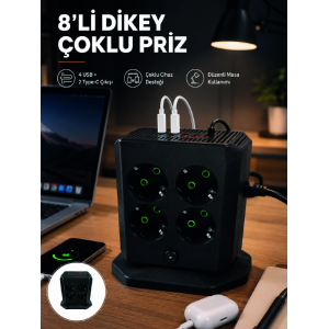 8'li Dikey Çoklu Priz 4 Usb 2 Type-c Girişli Akım Korumalı Uzatma Prizi