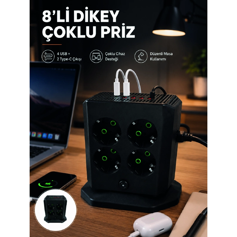 8'li Dikey Çoklu Priz 4 Usb 2 Type-c Girişli Akım Korumalı Uzatma Prizi 8'li Dikey Çoklu Priz 4 Usb 2 Type-c Girişli Akım Korumalı Uzatma Prizi