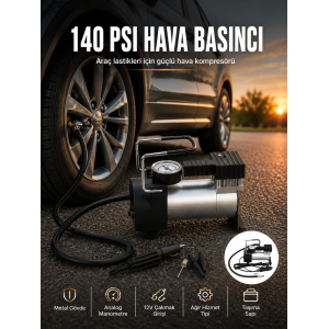Ağır Hizmet Tipi Oto Kompresör 140 Psı Manometreli