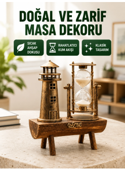 Ahşap Gövdeli Deniz Feneri Formlu Kum Saati – 15x20 Cm Masa Dekoru Yeni Nesil