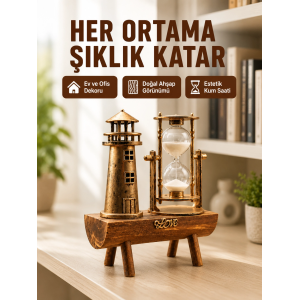 Ahşap Kum Saati Ve Deniz Feneri Figürü Bir Arada  Ev Ofis Dekorasyonu Yeni Nesil