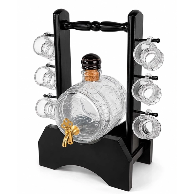 Ahşap Standlı Cam Fıçı Ve 6 Shot Bardaklı İçki Servis Seti Alk5602 Ahşap Standlı Cam Fıçı Ve 6 Shot Bardaklı İçki Servis Seti Alk5602