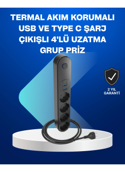 Akıllı Akım Dengelemeli 4’lü Çoklu Priz Type-c Ve Usb Çıkışlı