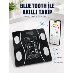 Akıllı Cam Baskül Bluetooth Mobil Uygulamalı Vücut Analiz Tartısı 180 Kg Lcd Ekran