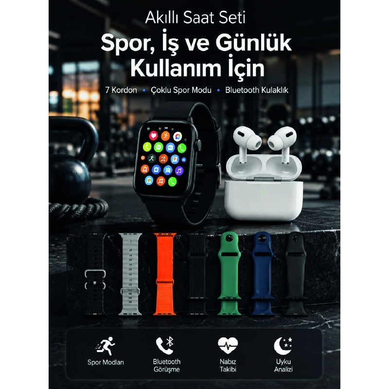 Akıllı Saat, Bluetooth Kulaklık Ve 7 Farklı Kordon Tek Kutuda Günlük Kullanım Ve Spor İçin Akıllı Saat, Bluetooth Kulaklık Ve 7 Farklı Kordon Tek Kutuda Günlük Kullanım Ve Spor İçin