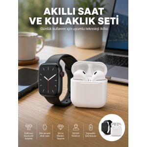 Akıllı Saat Gümüş Kasa Bluetooth Kulaklık Hediyeli Çok Fonksiyonlu İkili Set