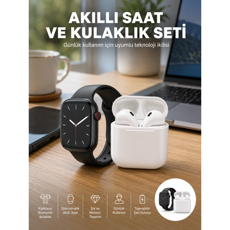 Akıllı Saat Gümüş Kasa Bluetooth Kulaklık Hediyeli Çok Fonksiyonlu İkili Set Akıllı Saat Gümüş Kasa Bluetooth Kulaklık Hediyeli Çok Fonksiyonlu İkili Set